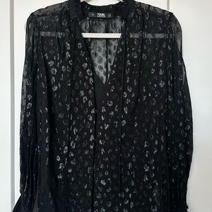 Karl Lagerfeld Black Sheer Blouse with Silver Metallic Leopard Motif